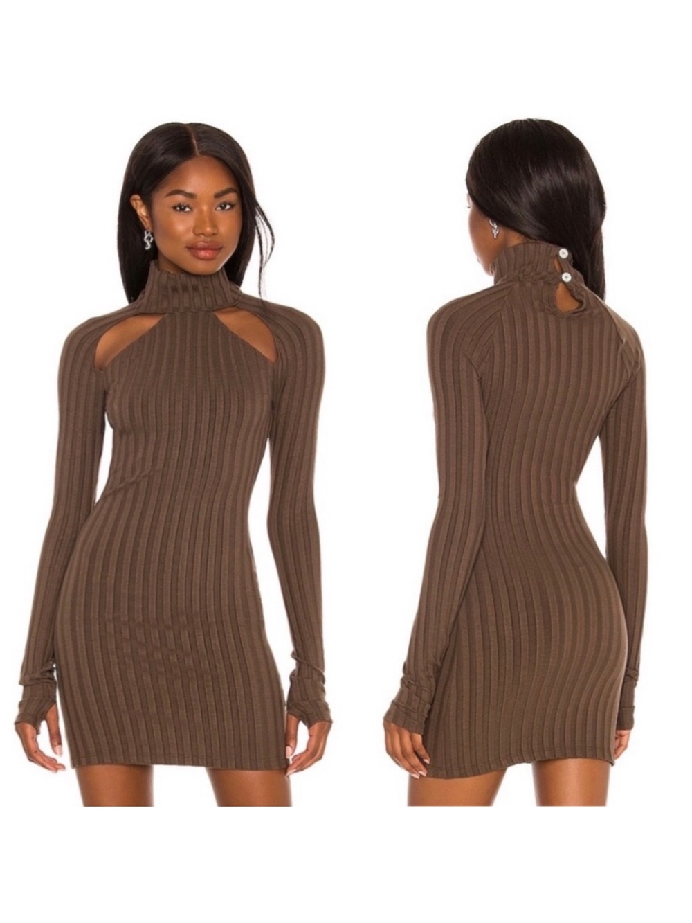 h:ours Revolve Sindri Ribbed Mini Bodycon Dress High Neck Long Sleeves Brown M